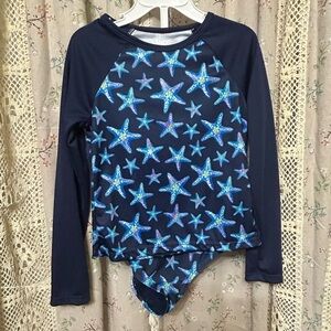 Lands’ End Girl’s One Piece Deep Sea Navy Swimsuit (4) & Rash Guard (5) NWT